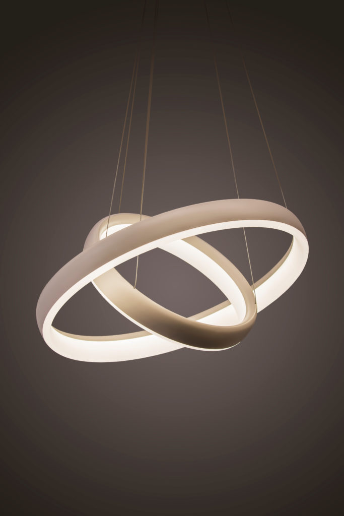 Modern led pendant light lamp illuminated, fashionable designer chandelier in the form of rings.