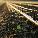 Food‑safe HDPE drip irrigation lines watering young crops at sunrise on a South African farm, showing efficient delivery and reduced water waste.